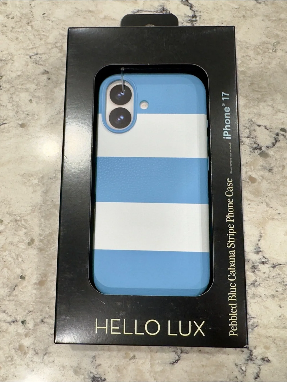New Hello Lux iPhone 17 Pebbled Blue Cabana Stripe Phone Case